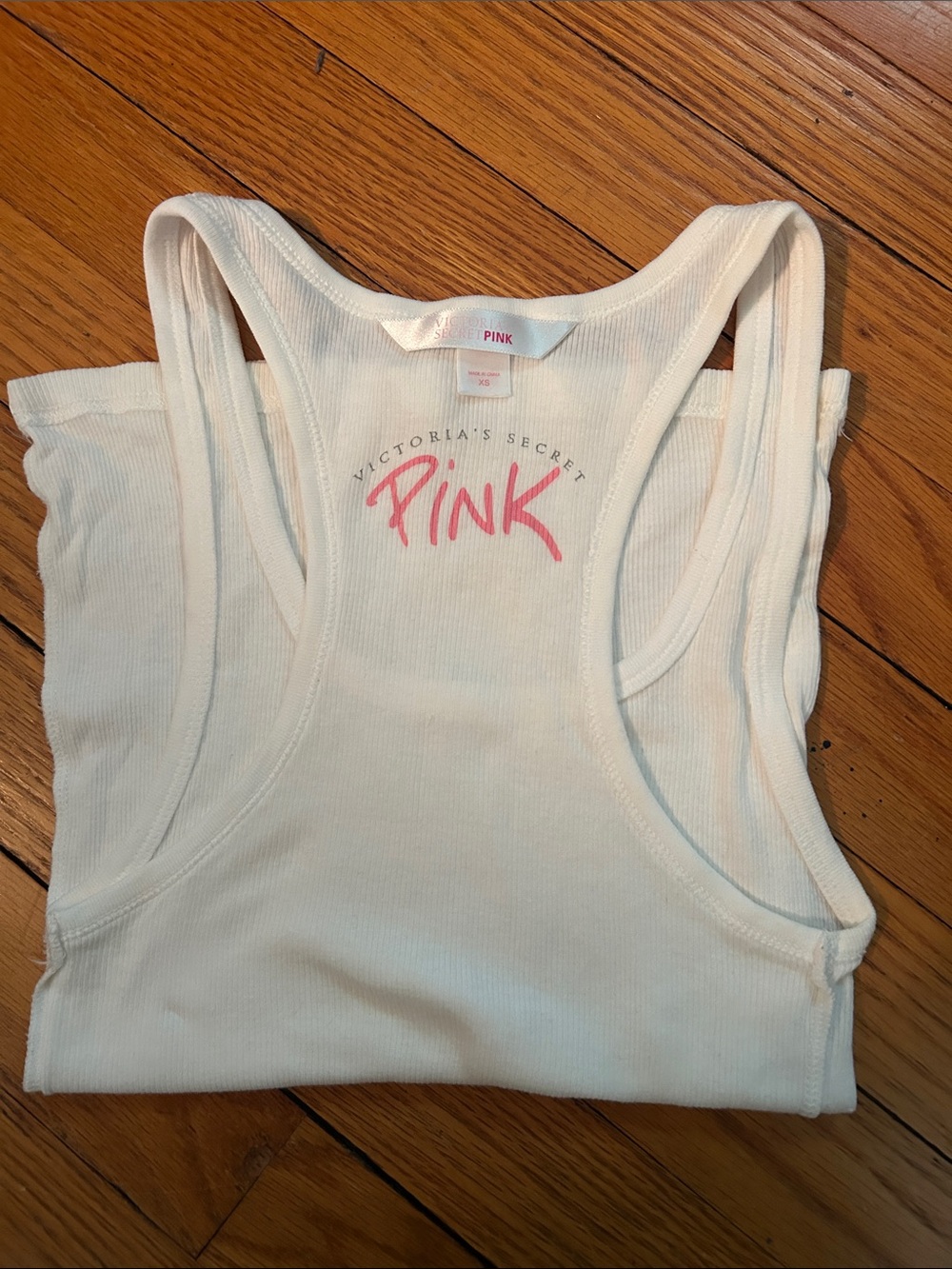 PINK Victoria's Secret White Ribbed Racerback Tank with Pink Logo XS